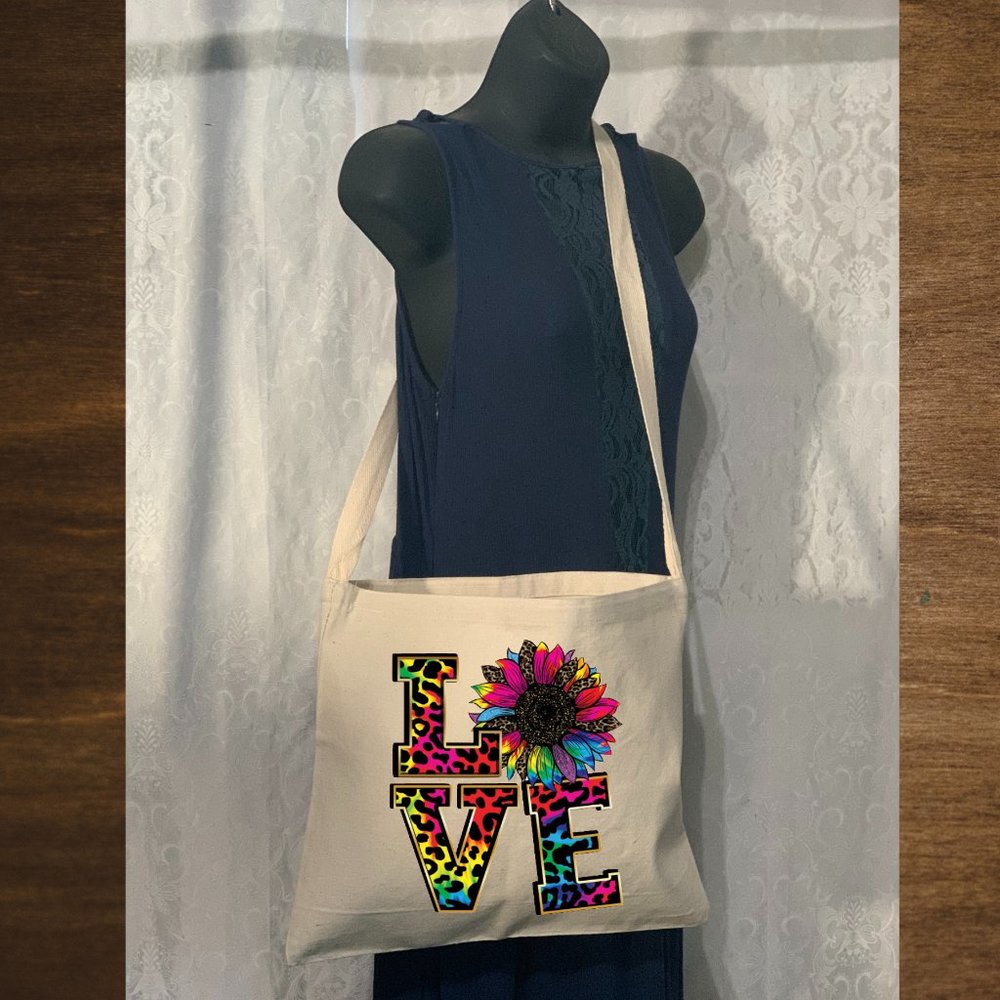 LOVE Sunflower Cotton Canvas Crossbody Messenger Tote Bag with Long Strap